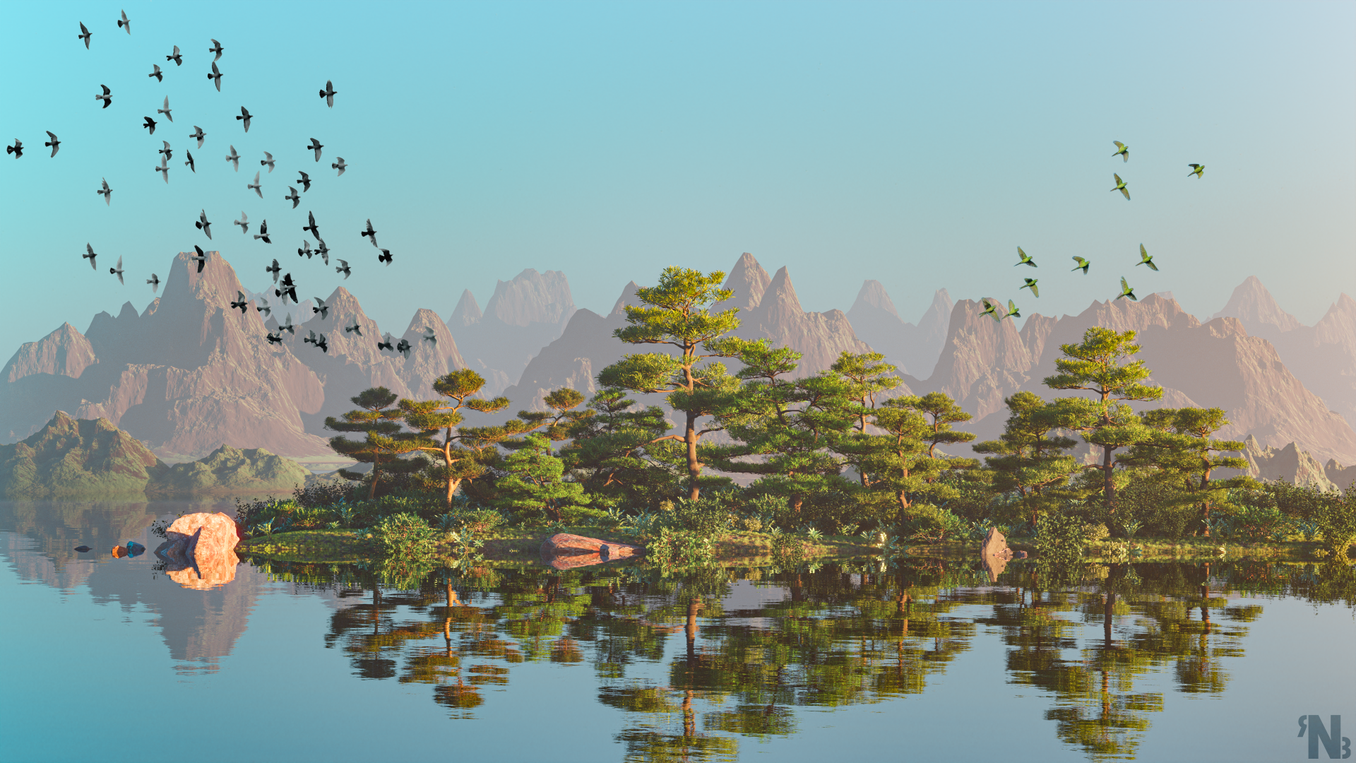 4K Ultra HD artwork: serene mountain lake with a tree-covered island and rock outcrops, mirrored reflections and a flock of birds—PC desktop wallpaper background.