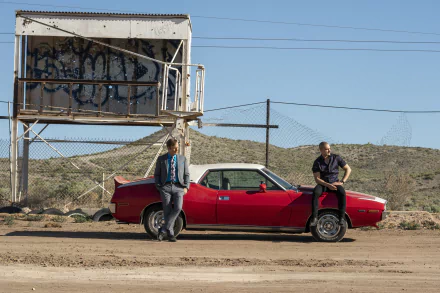 4K Ultra HD desktop wallpaper featuring characters from the TV show Better Call Saul standing by a red classic car in a desert setting.