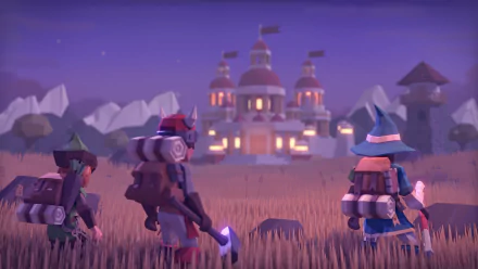 HD desktop wallpaper of For The King game, featuring characters looking towards a distant castle at dusk.