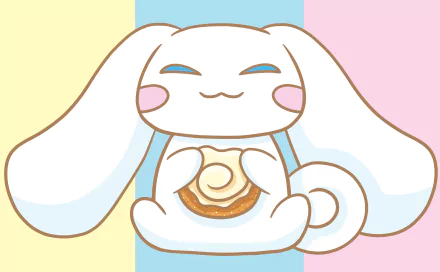 HD anime-style desktop wallpaper featuring Sanrio’s Cinnamoroll, a cute white puppy with long ears, holding a cinnamon roll against a pastel tricolor background.