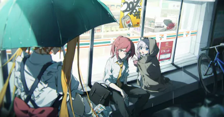 HD desktop wallpaper featuring Kobayashi and Kanna Kamui from the anime Miss Kobayashi's Dragon Maid, sitting by a window with rain outside.