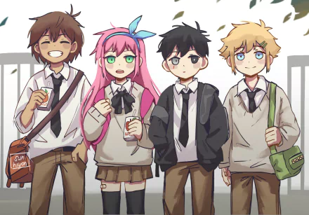school uniform Sunny (Omori) Kel (Omori) Basil (Omori) Aubrey (Omori) video game OMORI HD Desktop Wallpaper | Background Image
