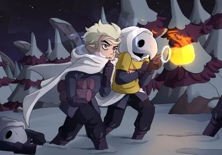 HD PC desktop wallpaper featuring Steve and Hunter from The Owl House TV show exploring a dark, eerie forest with a glowing lantern.