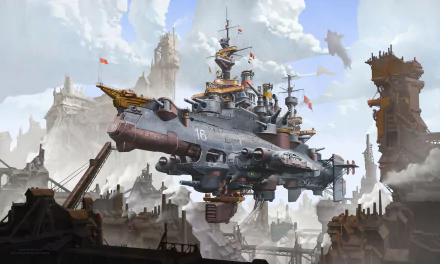 A detailed 4K Ultra HD sci-fi steampunk scene featuring a massive airborne battleship amidst a sprawling industrial cityscape with towering structures and flying machines.