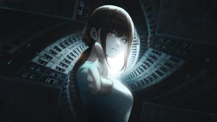 4K Ultra HD anime wallpaper featuring Makima from Chainsaw Man, with a dark, futuristic background highlighting her intense gaze and pointing gesture.