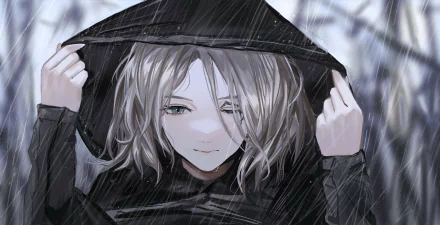 Close-up 4K Ultra HD PC wallpaper of Melina from the video game Elden Ring, featuring her pale face and light hair under a dark hood in a rainy setting.