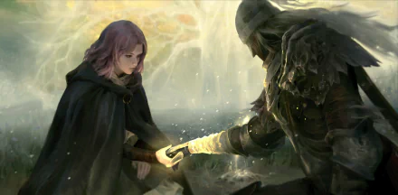 Melina (Elden Ring) in a misty, luminous scene offering a glowing sigil to a cloaked armored figure — 5K Ultra HD PC desktop wallpaper/background.