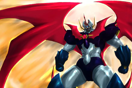 Mazinkaiser (Mazinger Z) anime HD PC desktop wallpaper: imposing Mazinger Z in metallic armor with a flowing red cape against a glowing, stormy sky.