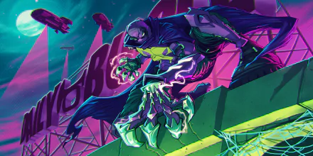 Prowler (Marvel) crouched on a neon rooftop in a Fortnite loading screen—HD PC desktop wallpaper for the video game Fortnite, purple-green palette, razor claws and futuristic skyline.