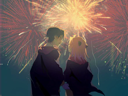 Damian Desmond and Anya Forger from Spy x Family, seen from behind as they watch fireworks — anime-style 2K Quad HD PC desktop wallpaper/background.