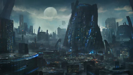 An HD wallpaper of a futuristic, sci-fi cityscape under a moonlit sky, featuring towering structures and advanced technology. The scene is dimly lit with glowing lights illuminating the urban landscape.