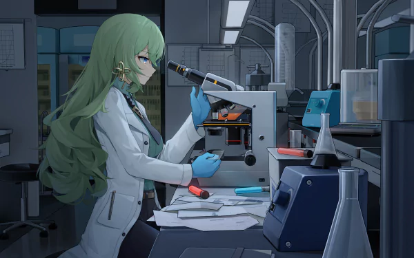 Mobius from Honkai Impact 3rd works in a detailed lab setting, highlighted in this 4K Ultra HD PC desktop wallpaper from the video game Honkai Impact 3rd.