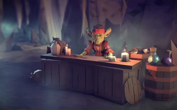 Fantasy goblin merchant at a stall with potions and candles, For The King HD desktop wallpaper and background.