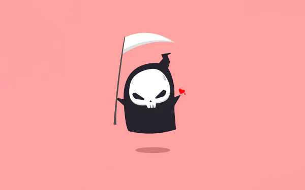 Minimalist dark grim reaper with a skull face and scythe, holding a small red heart, set against a soft pink background. 4K Ultra HD PC desktop wallpaper.