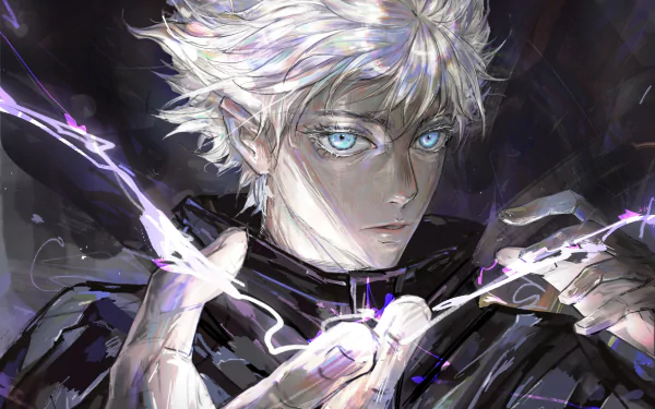 HD anime wallpaper of Satoru Gojo from Jujutsu Kaisen, featuring his intense blue eyes and dynamic lightning effects in a dark, detailed background.
