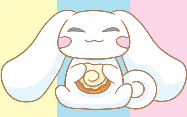 HD anime-style desktop wallpaper featuring Sanrio’s Cinnamoroll, a cute white puppy with long ears, holding a cinnamon roll against a pastel tricolor background.