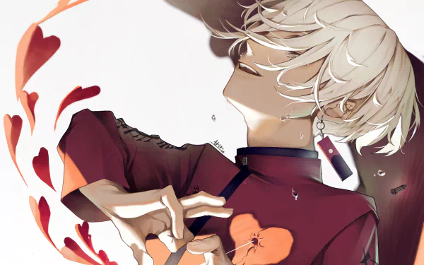 HD anime desktop wallpaper of Izana Kurokawa from Tokyo Revengers, featuring him with white hair and a red outfit against a light background with floating hearts.