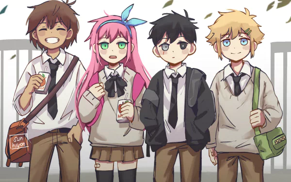 school uniform Sunny (Omori) Kel (Omori) Basil (Omori) Aubrey (Omori) video game OMORI HD Desktop Wallpaper | Background Image