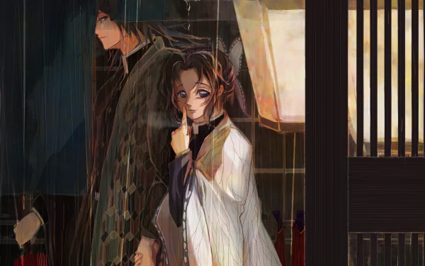 Anime-style 4K Ultra HD wallpaper of Shinobu Kochou and Giyuu Tomioka from Demon Slayer: Kimetsu no Yaiba, featuring the GiyuShino pairing in a dimly lit scene.