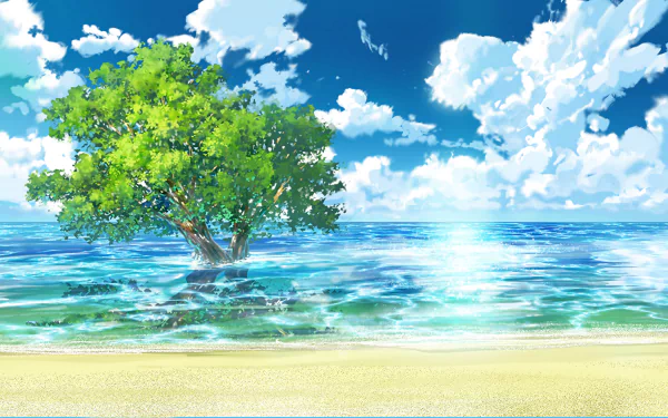 HD PC desktop anime wallpaper showing a bright blue sky with fluffy clouds over a turquoise sea, a lone green tree rooted in shallow water beside a sunlit sandy beach.