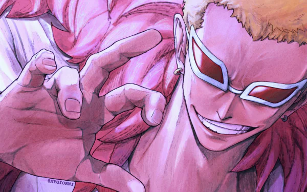 HD anime wallpaper featuring Donquixote Doflamingo from One Piece, showcasing his signature grin and flamboyant style with vibrant, detailed artwork.