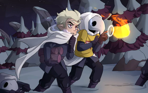 HD PC desktop wallpaper featuring Steve and Hunter from The Owl House TV show exploring a dark, eerie forest with a glowing lantern.