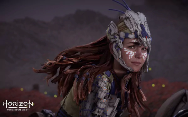 Aloy (Horizon Series) in tribal armor and face paint, wind-swept hair against a dusky landscape — 4K Ultra HD PC desktop wallpaper from the video game Horizon Forbidden West.