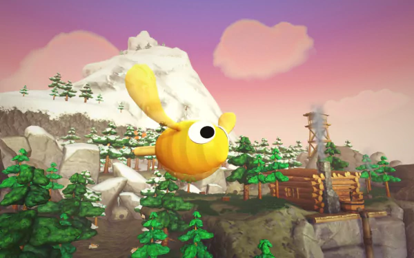 HD PC desktop wallpaper from the video game Bugsnax: a giant yellow flying Bugsnax hovers above pine trees, a snowy mountain and heart-shaped pink clouds over a wooden outpost.