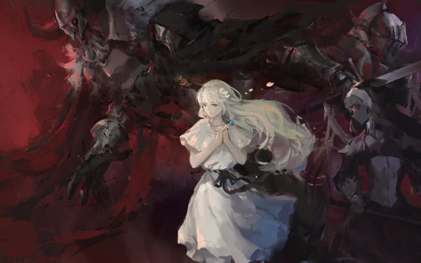 Lily from the video game Ender Lilies stands in a white dress, pale hair flowing, surrounded by dark armored specters — ENDER LILIES: Quietus of the Knights, 2K Quad HD PC desktop wallpaper.