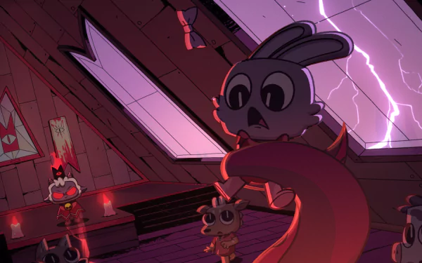 HD PC desktop wallpaper from the video game Cult of the Lamb, featuring a dark, eerie room with animated characters and a stormy sky visible through a broken window.