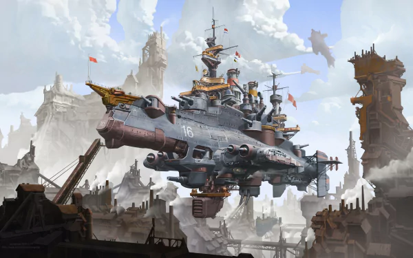 A detailed 4K Ultra HD sci-fi steampunk scene featuring a massive airborne battleship amidst a sprawling industrial cityscape with towering structures and flying machines.