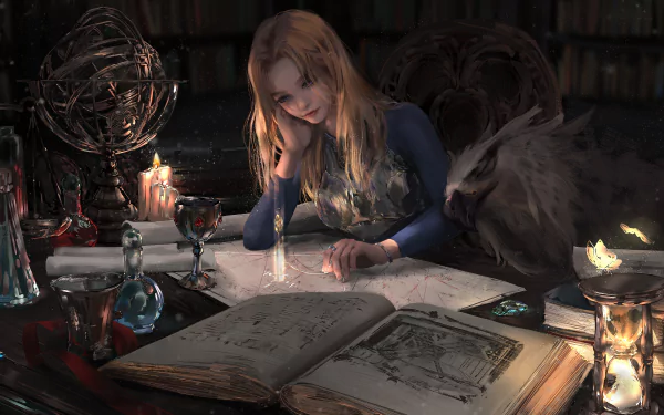 Lux from League of Legends is depicted in a detailed HD wallpaper and background image. She is immersed in reading amidst a magical and scholarly setting. Candles, books, and an armillary sphere enhance the ambiance.