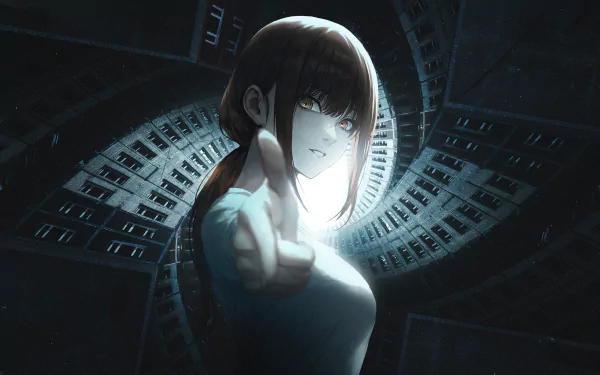4K Ultra HD anime wallpaper featuring Makima from Chainsaw Man, with a dark, futuristic background highlighting her intense gaze and pointing gesture.