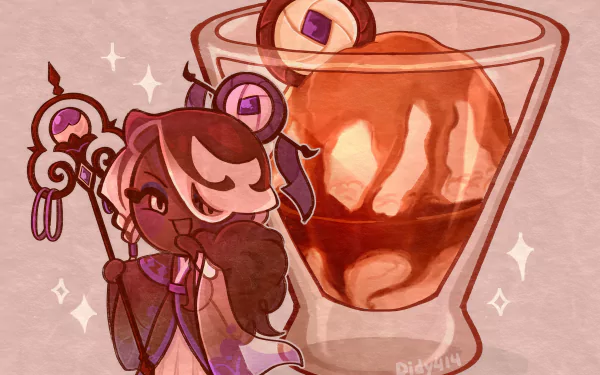 Affogato Cookie from COOKIE RUN: KINGDOM depicted in a 4K Ultra HD wallpaper, featuring the character alongside a glass of affogato dessert in rich, warm tones.