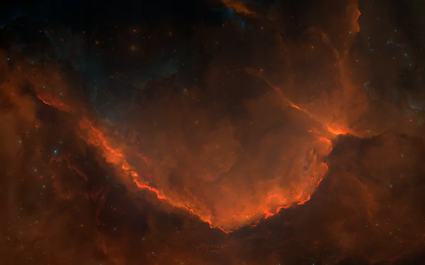 HD desktop wallpaper of a vivid sci-fi nebula in shades of orange and black, creating a mesmerizing celestial background.