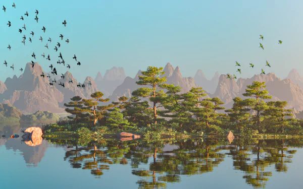 4K Ultra HD artwork: serene mountain lake with a tree-covered island and rock outcrops, mirrored reflections and a flock of birds—PC desktop wallpaper background.