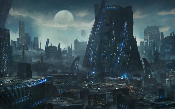 Ficção Científica Cidade Futurístico Lua Papel de Parede HD | Plano de Fundo