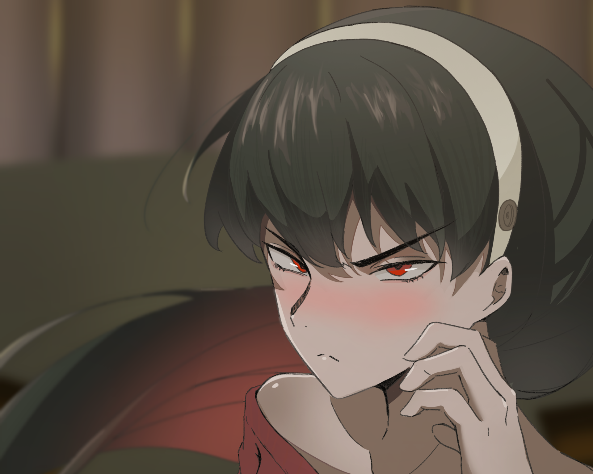Yor Forger (Spy x Family) anime close-up—blushing, intense red eyes and hand to chin, illustrated as a 2K Quad HD PC desktop wallpaper/background.