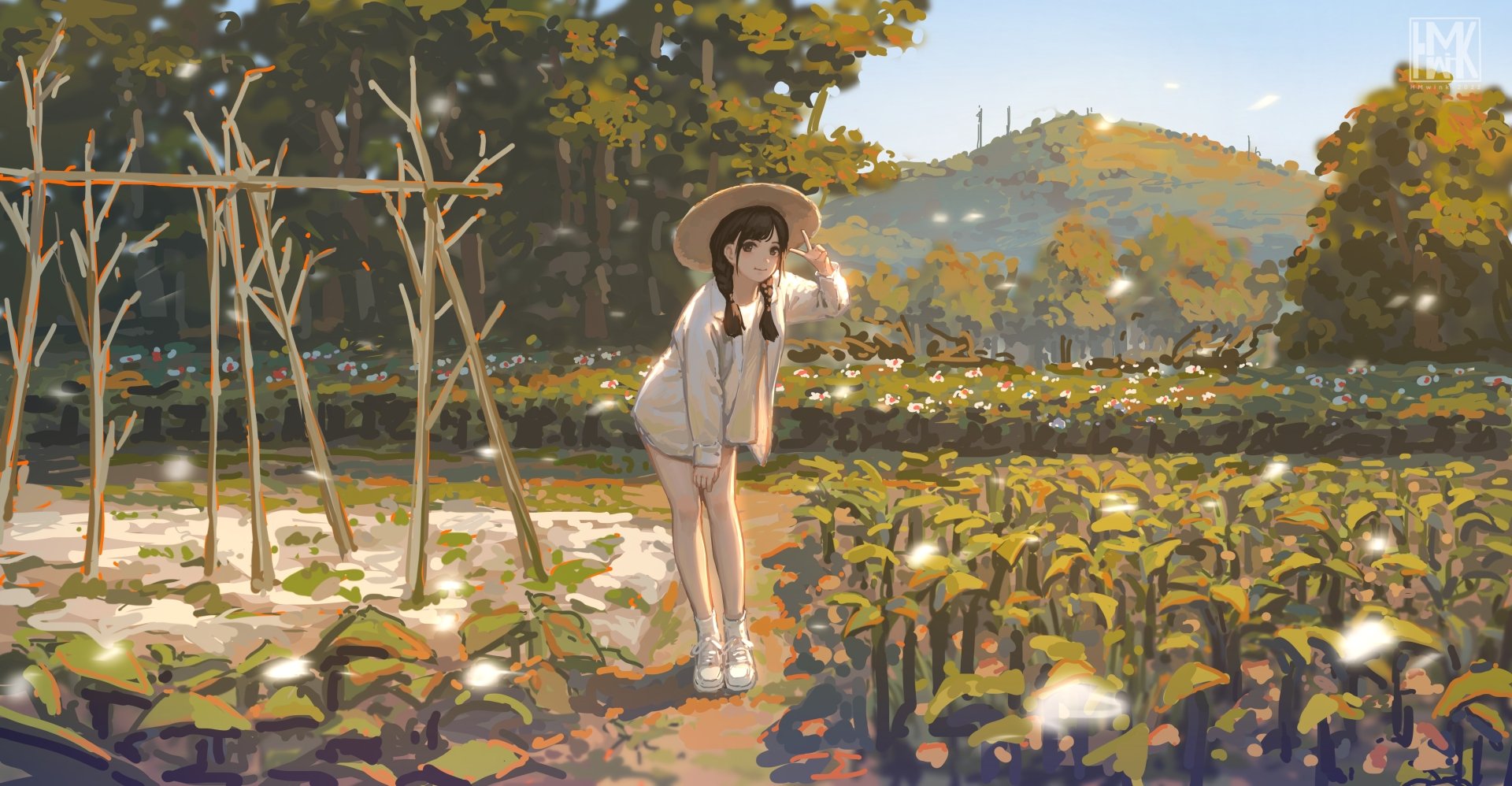 Anime girl in a straw hat crouches in a sunlit ridge field, outdoor scene with warm painterly colors — 4K Ultra HD PC desktop wallpaper background.