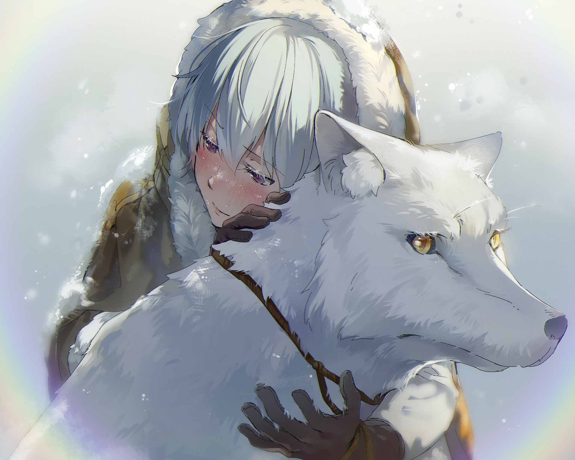 HD PC desktop wallpaper featuring Fushi from the anime To Your Eternity embracing a large white wolf in a snowy setting.