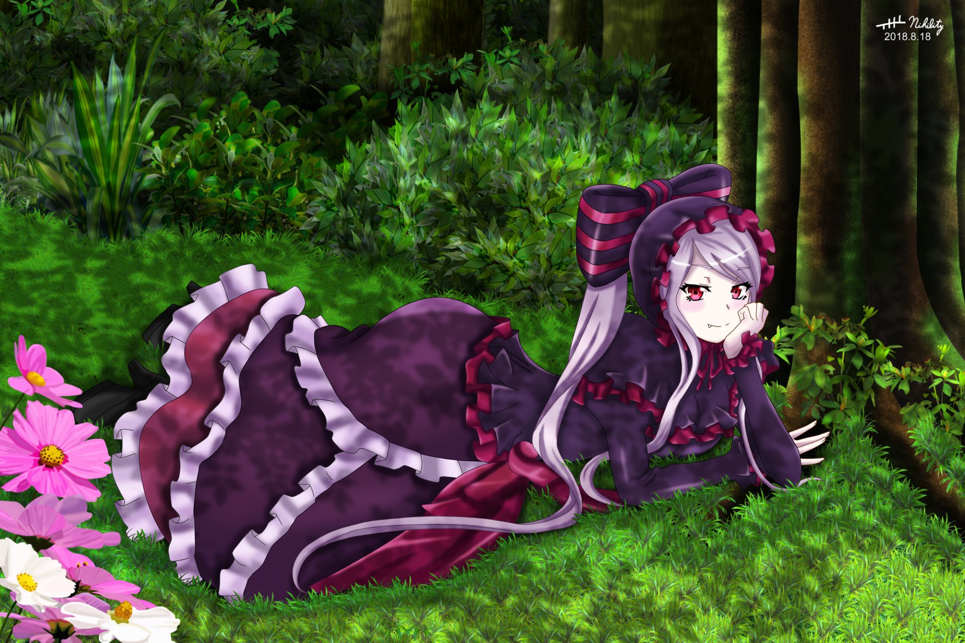 HD PC desktop wallpaper featuring Shalltear Bloodfallen from the anime Overlord, depicted lying on grass in a dark gothic dress amidst a vibrant forest background.