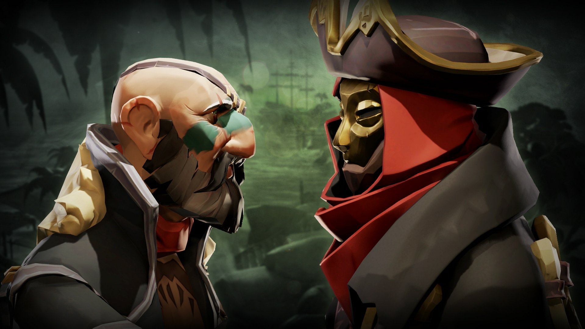 Sea of Thieves video game HD PC desktop wallpaper and background: two pirates, one scarred and painted and one masked with a tricorn hat, face off against a foggy green backdrop.