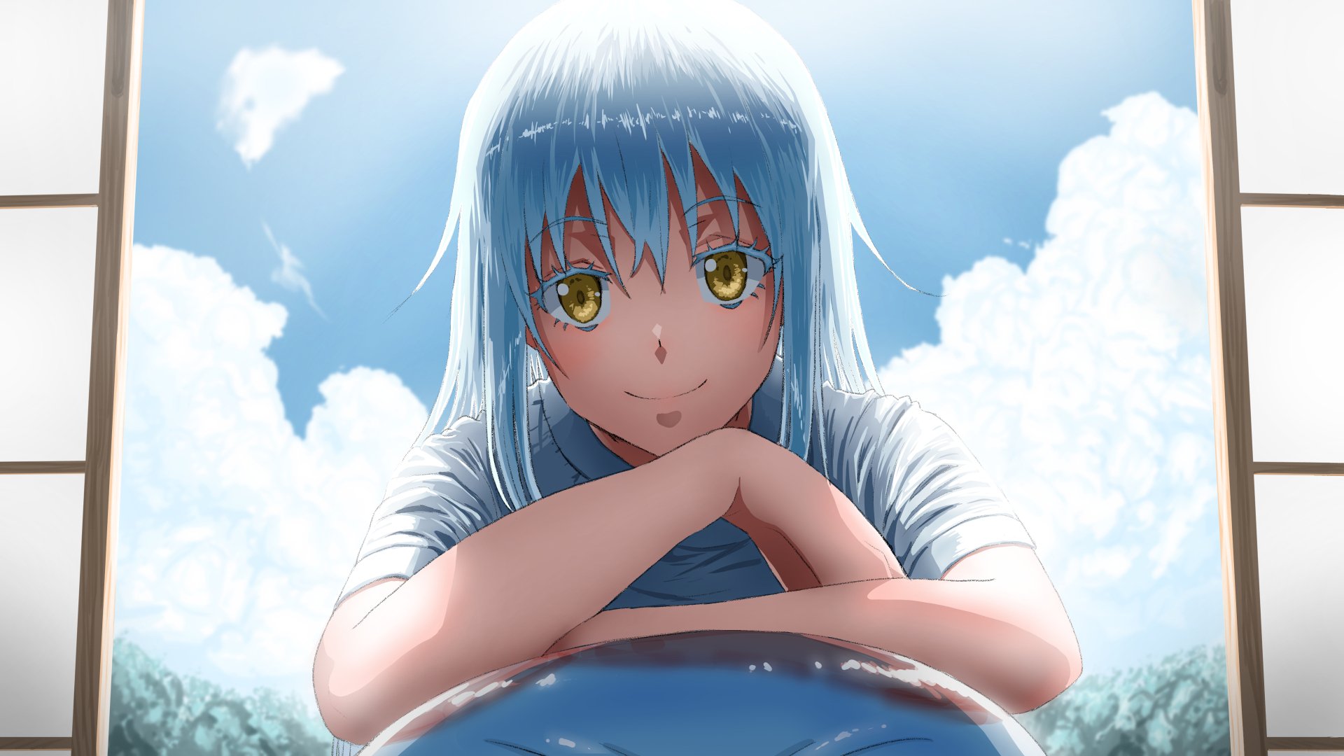 HD anime wallpaper featuring Rimuru Tempest from That Time I Got Reincarnated as a Slime, set against a bright blue sky with fluffy white clouds.