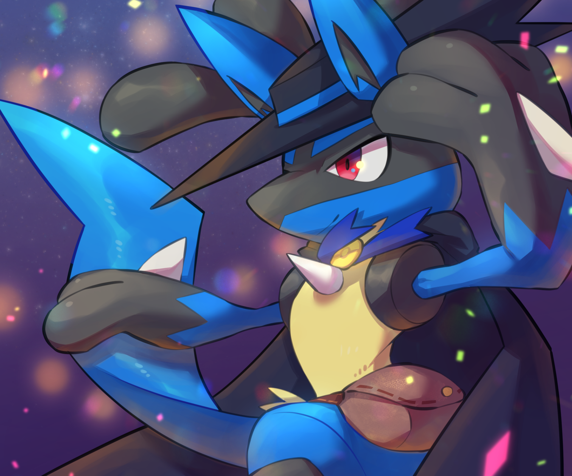 HD PC desktop wallpaper featuring Lucario from the video game Pokémon UNITE in a dynamic pose with vibrant colors and a glowing background.