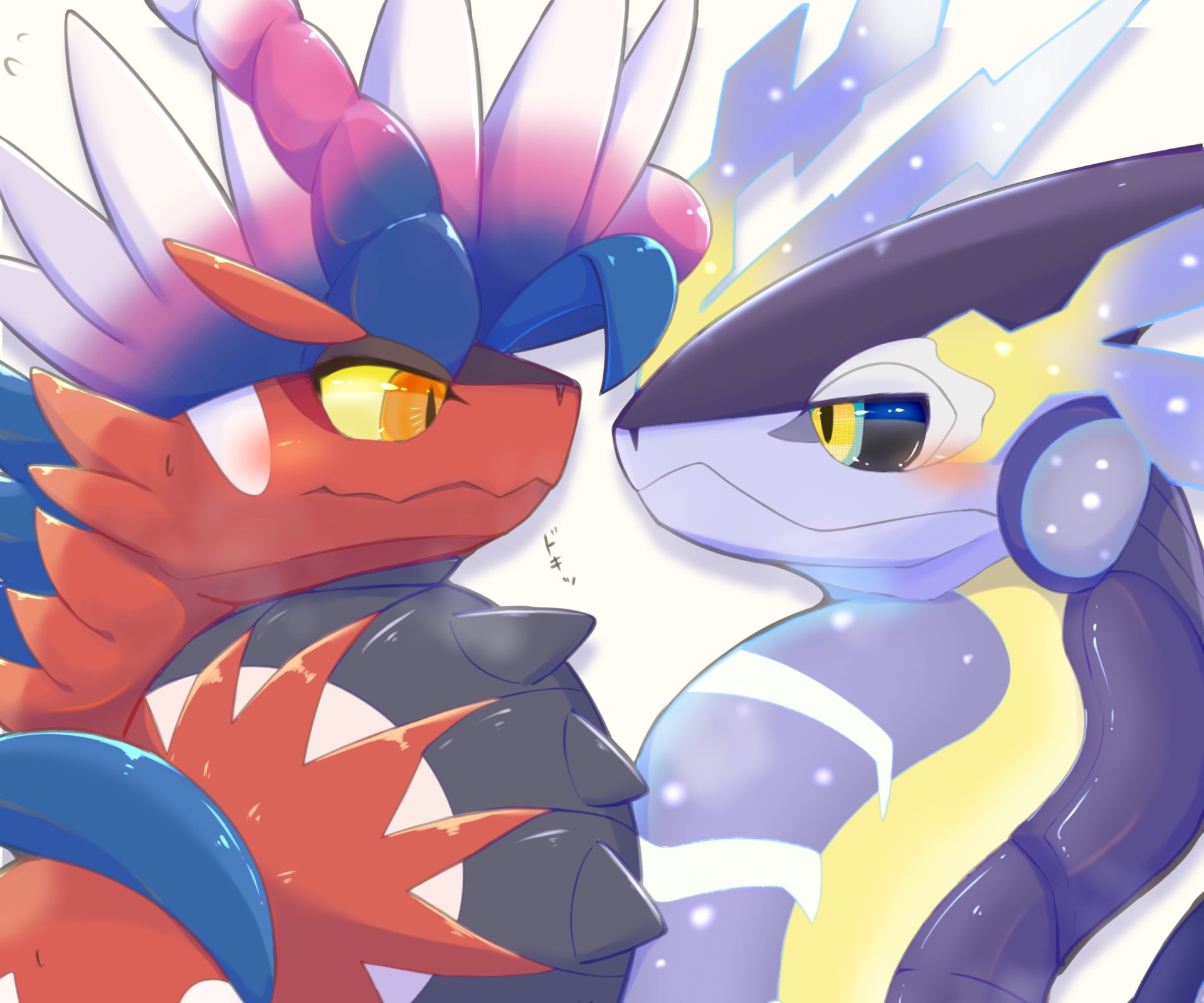 HD PC desktop wallpaper: close-up of Koraidon (red) and Miraidon (blue-purple) facing off, vibrant art from Pokémon: Scarlet and Violet video game.