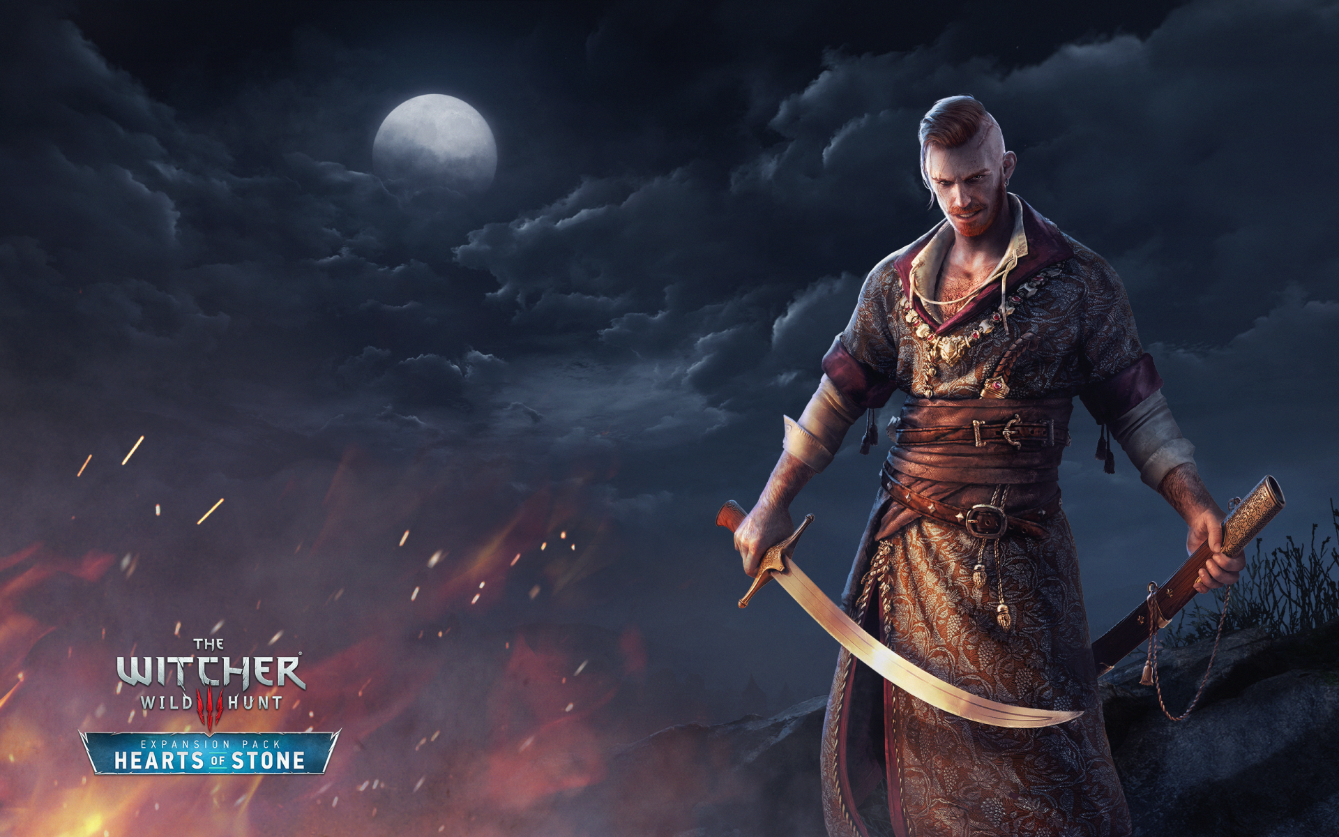 HD desktop wallpaper from The Witcher 3: Wild Hunt - Hearts of Stone, featuring Geralt holding a sword with a stormy sky and full moon in the background.