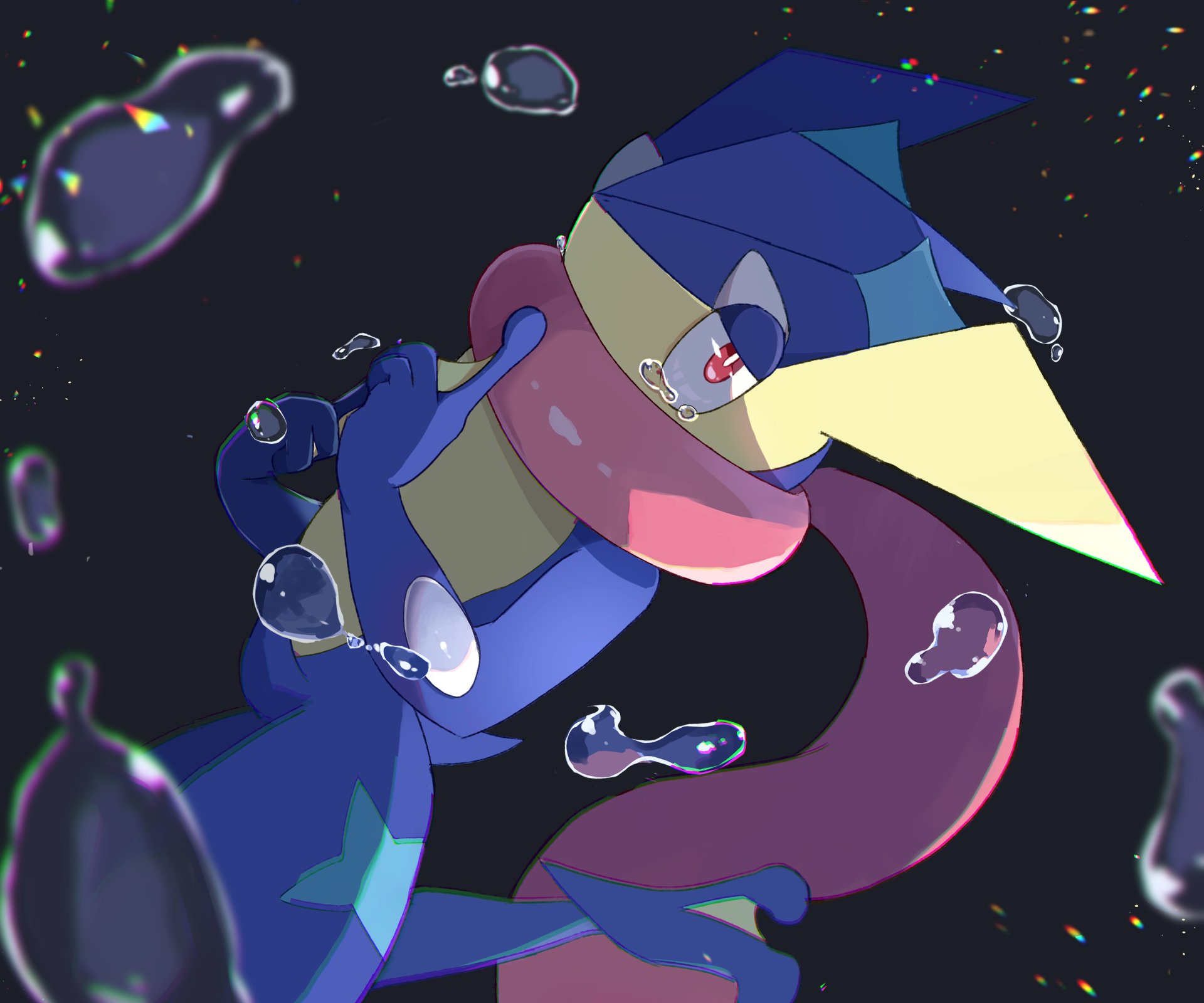 HD PC desktop wallpaper featuring Greninja, the water and ninja-inspired Pokémon, set against a dark background with water droplets.