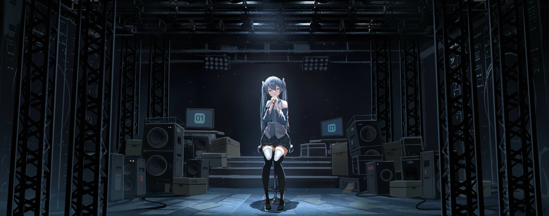 Hatsune Miku (Anime/Vocaloid) in a spotlight on a dark industrial stage surrounded by speakers — 4K Ultra HD PC desktop wallpaper/background.
