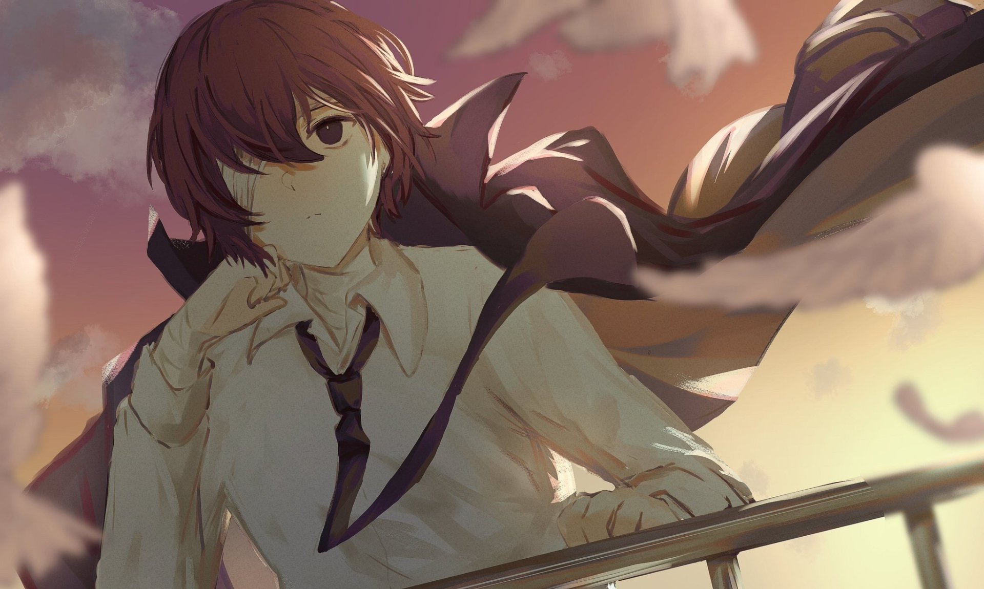 HD anime wallpaper featuring Osamu Dazai from Bungou Stray Dogs, depicted with a thoughtful expression and flowing scarf against a dramatic sky backdrop.