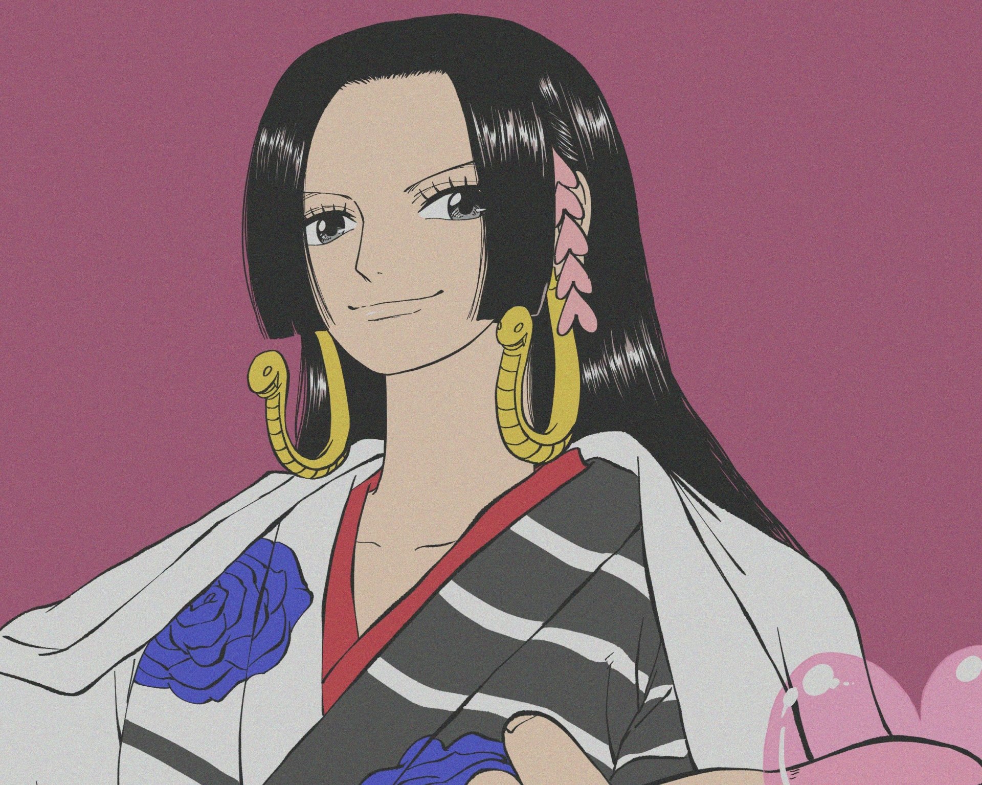 HD PC desktop wallpaper of Boa Hancock (One Piece) — confident smile, long black hair, gold earrings, striped kimono with a blue rose against a mauve background.
